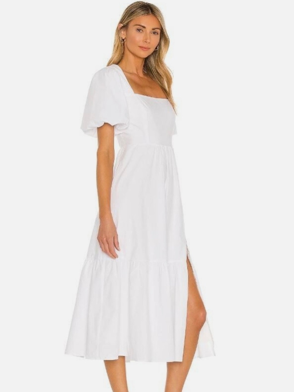 White Puff-Sleeve Square-Neck Midi Dress